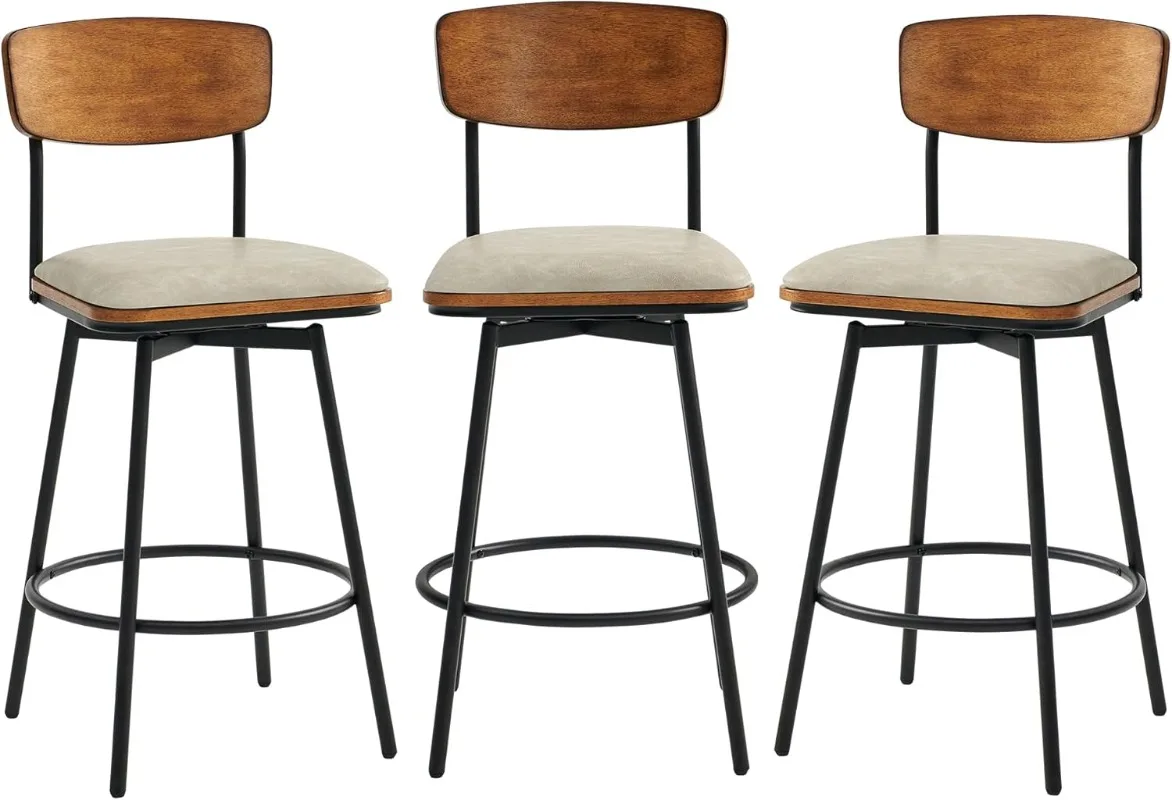 ความสูงเคาน์เตอร์หมุนเก้าอี้บาร์ด้านหลังหนัง Faux เบาะ Barstools ชุด 3 27 "ความสูงที่นั่งโลหะและกรอบไม้สีเทา