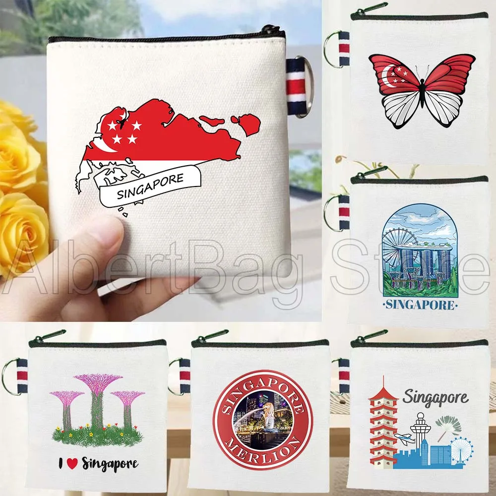 

Singapore Flag Map Skyline Souvenir Gifts Canvas Coin Purse Bag Small Square Key Bag Storage Card Bag Cotton Wallet Zipper Pouch