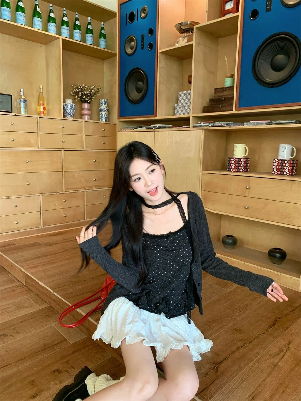 Women Korean Coquette Ballet Core Long Sleeve Crop Top Set, Only Upper Body, 2000s Vintage Aesthetic Shoujo Gyaru Long SleeveTee