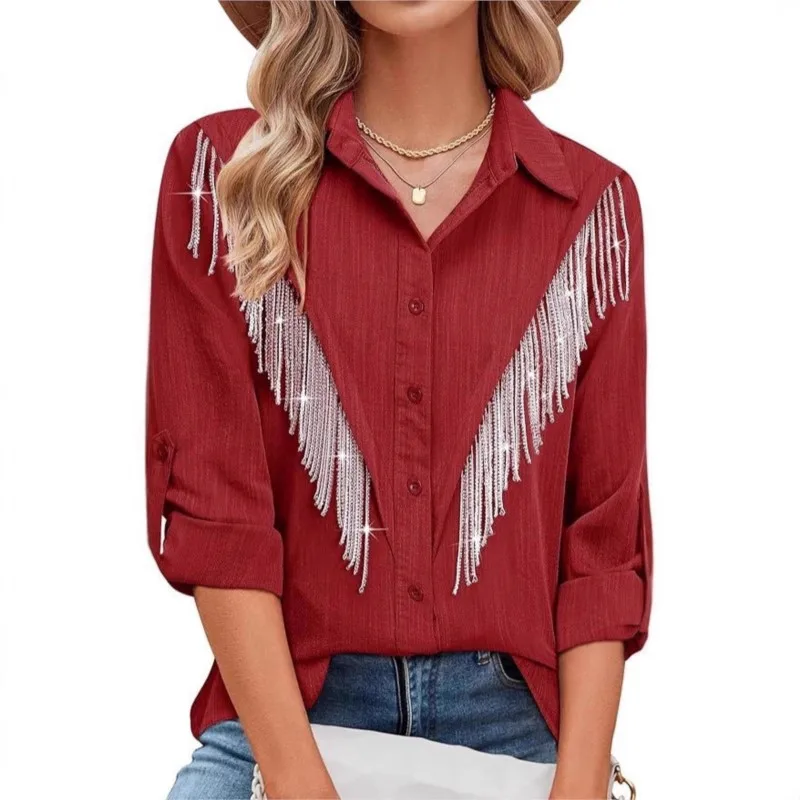 Chemises décontractées chemisiers tempérament chemise chemisier pour femme Style Simple ample gland revers manches longues à la mode couleur unie bureau