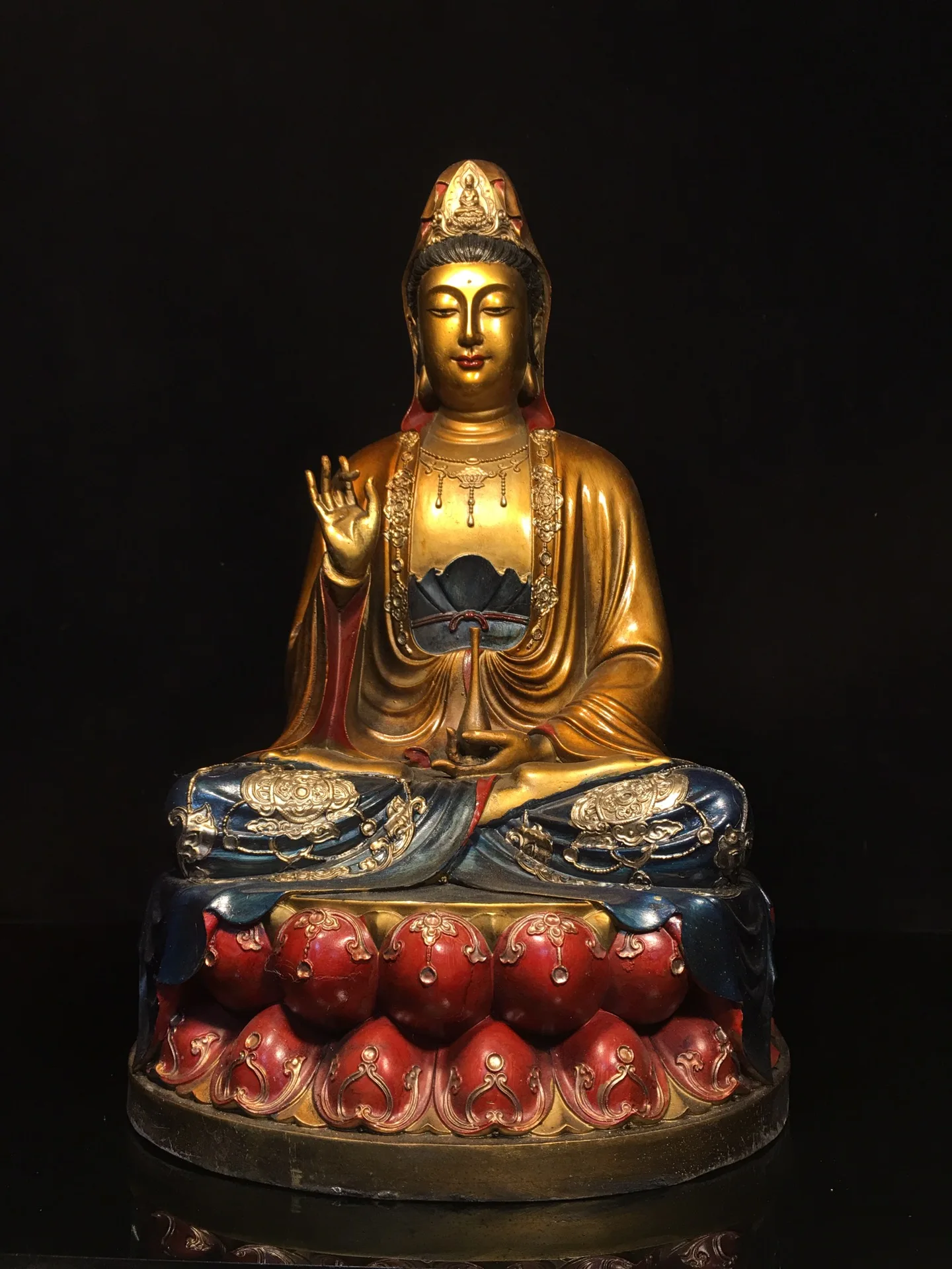 

16"Tibetan Temple Collection Old Bronze Painted Cinnabar Guanyin Bodhisattva Lotus Sitting Buddha Worship Hall Town house