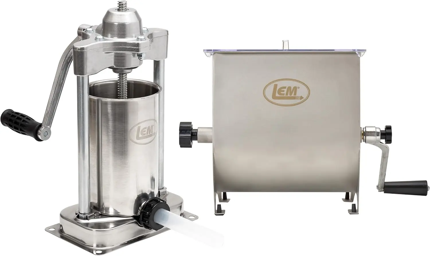 

Vertical Stainless Steel 5 Pound Capacity Sausage Stuffer with Plastic Stuffing Tubes and 20 Pound Manual Meat Mixer Set