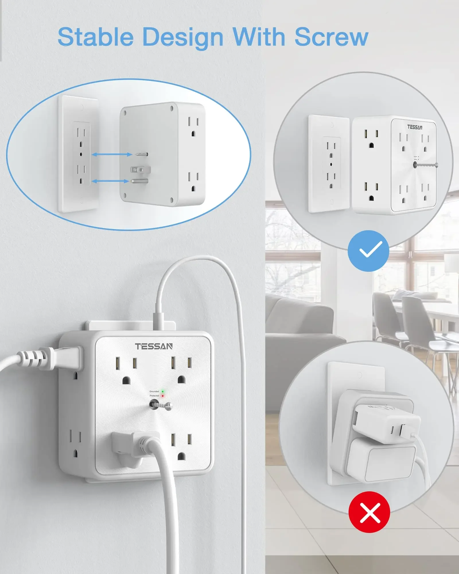 TESSAN US Wall Socket Extender with 8 AC Outlets and 3 USB Ports (1 USB C) Power Strip Adapter Overload Protection for Home