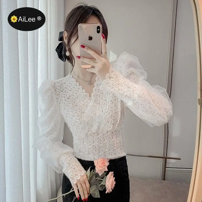 Super Fairy Short High Street Blouse Women Lantern Long Sleeve Pullover V Neck Tops Lace Crochet Party Date Dinner Banquet Shirt