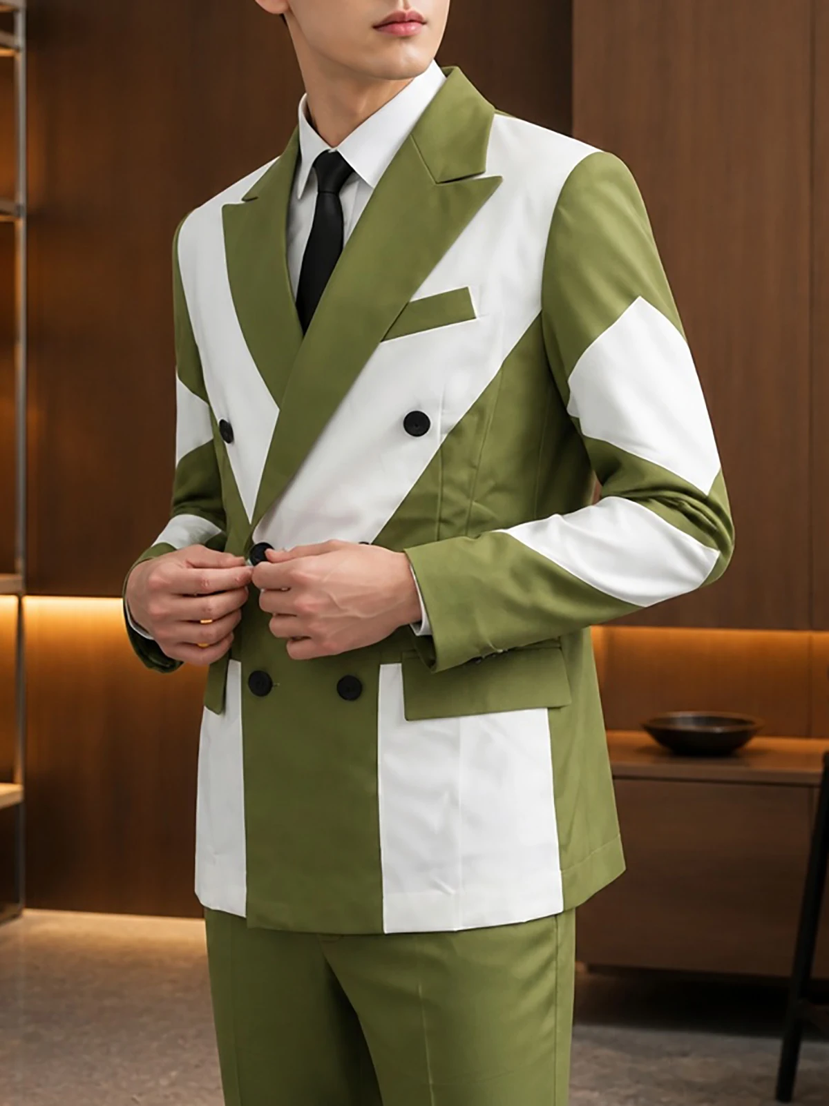 Men's Vintage Mandarin Collar Tuxedo Suit Set with White Piping Trim Asymmetric Double Breasted Formal Wear for Wedding Guest Pa