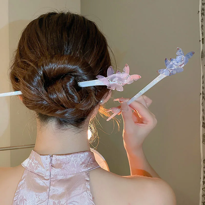 Retro Butterfly Acetic Acid Hair Sticks for Women New Chinese Style Updo Acrylic Hair Needle Chic Buns Rhinestones Accessories A