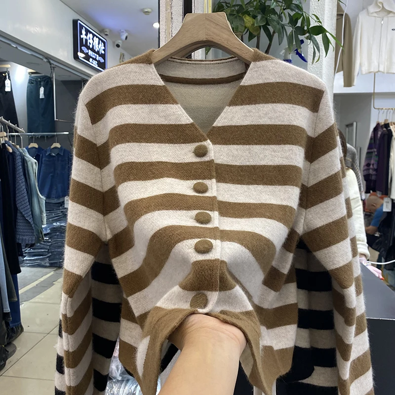 

Вязаный свитер, женские кардиганы, новый полосатый вязаный свитер с длинным рукавом и v-образным вырезом, кардиган, женские топы, трикотажные изделия Sueters De Mujer Q1379
