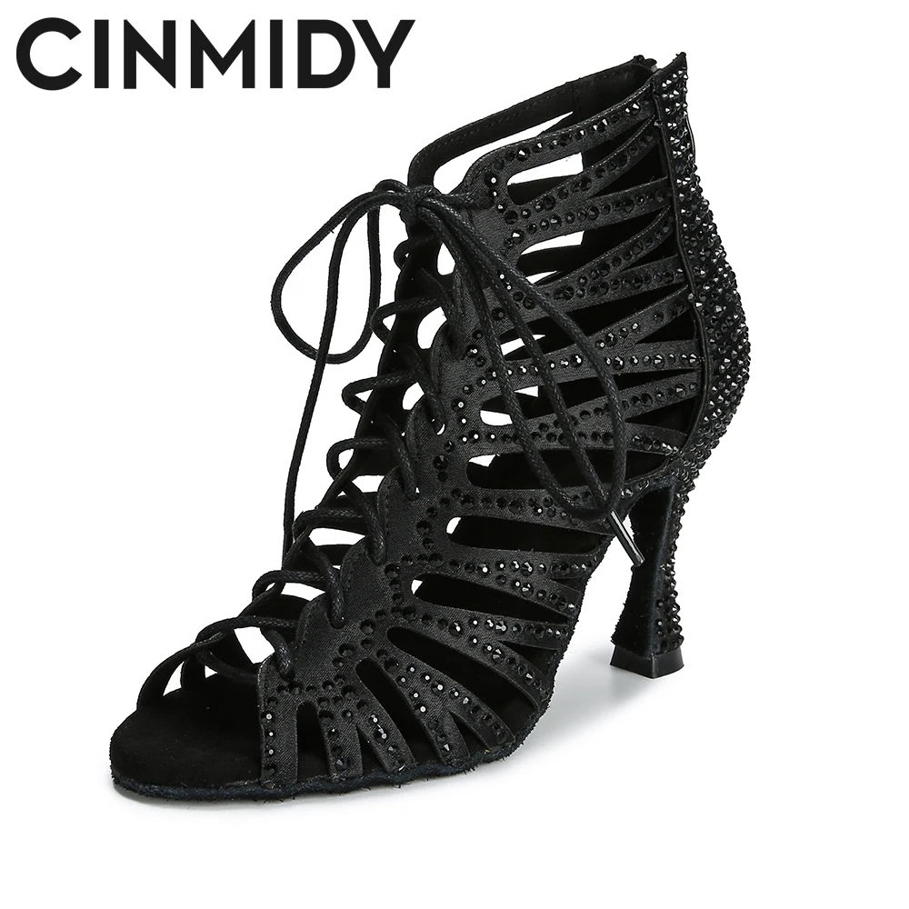 CINMIDY Black Dance Shoes For Women Tango Salsa Latin Dance Shoes Cuban Heel Ballroom Dance Boots Red Party Shoes For Dancing