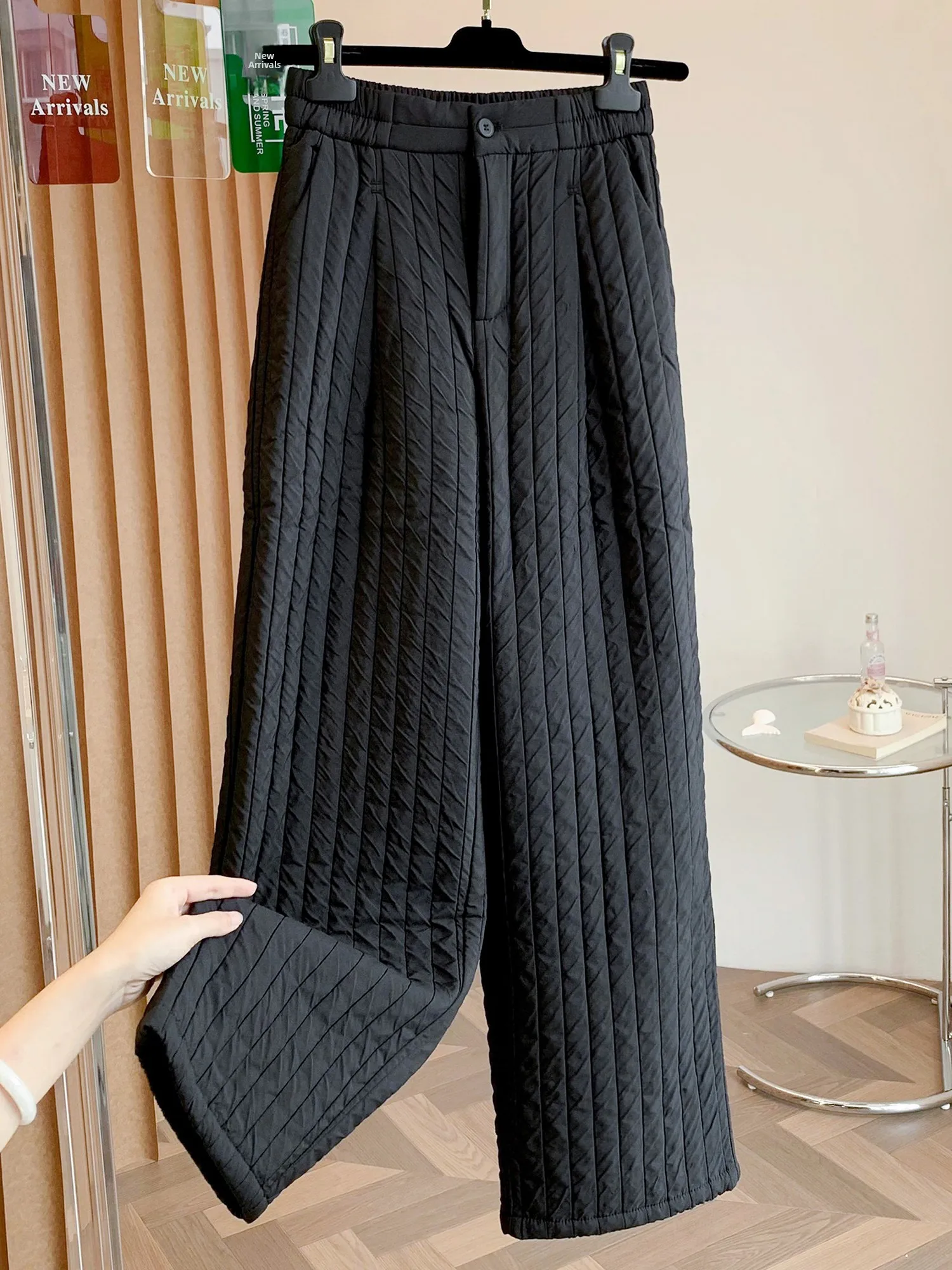 Black Quilted Stripe Cotton Wide Leg Pants Women's Winter Outerwear Elastic High Waist Fashion Casual Warm Straight Cotton Tr...