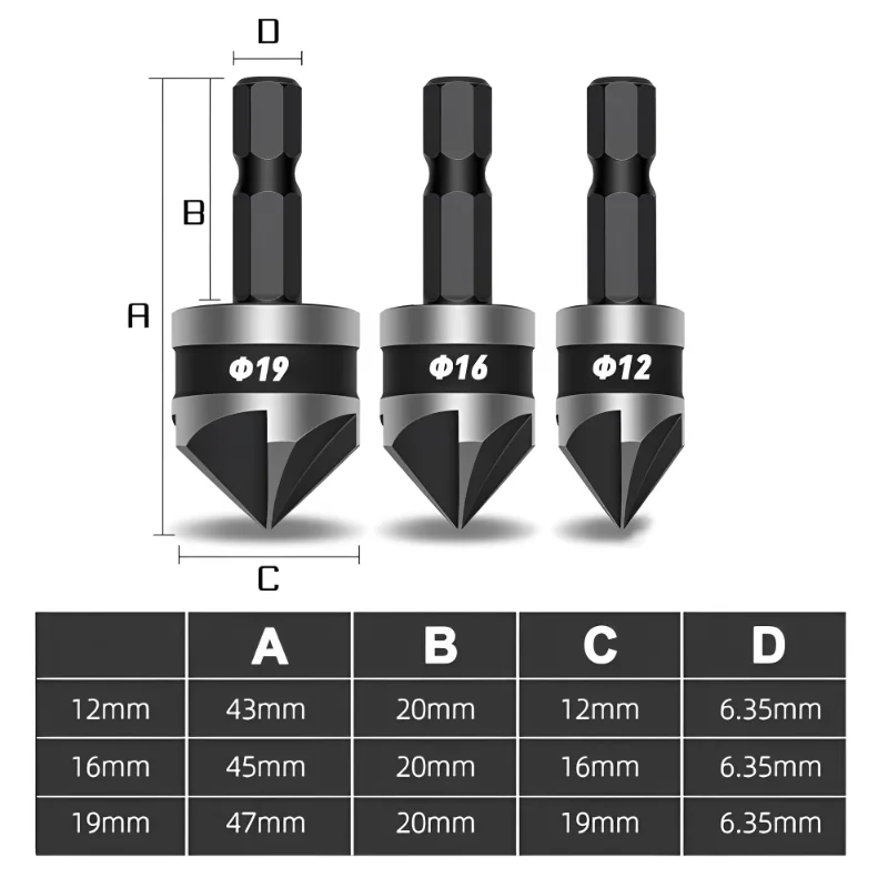 3PCS Countersink Drill Bit Hss Hex Chamfer Five Pears Hexagonal 90 Degrees Boring Drill Shank Carbon Steel Woodworking Tools Set