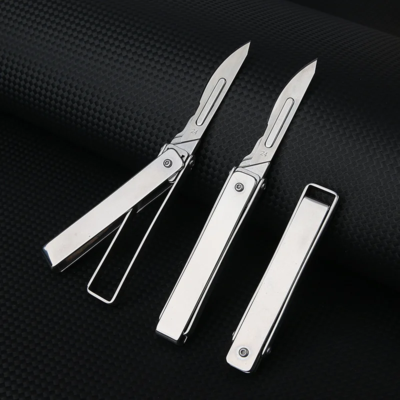 Hollow Out Handle Folding Knife Stainless Steel EDC Keychain Pocket Knife Unpacking Surgical Selfdefense Tool Gift 10pcs Blades