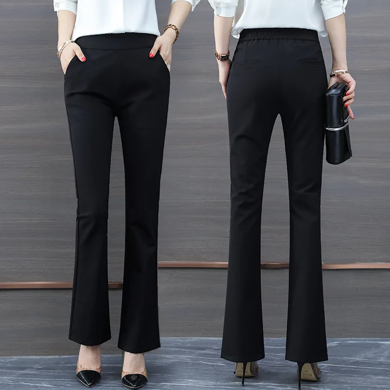 سروال طويل أسود غير رسمي متوهج للنساء، خصر عالي للربيع والخريف، ثنيات، تنحيف، أنيق مستقيم الساق متوهج قليلاً #2