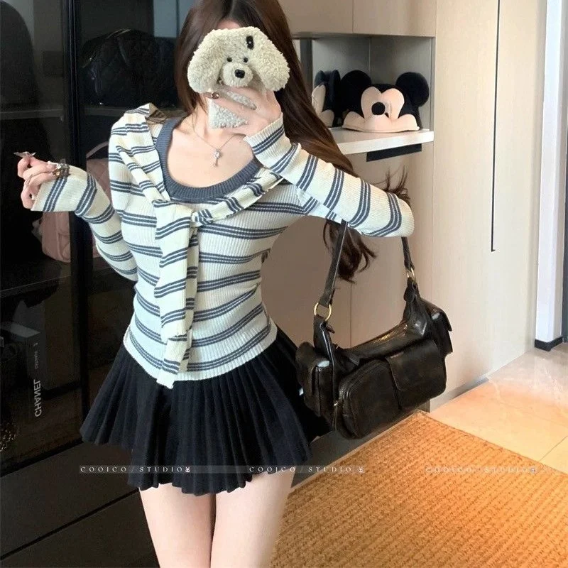 Women New Korean‑Style Elegant Striped‑Shawl‑Layering Knit Sweater Lady Everyday‑Casual Cropped Long‑Sleeve Fashion Knit Top