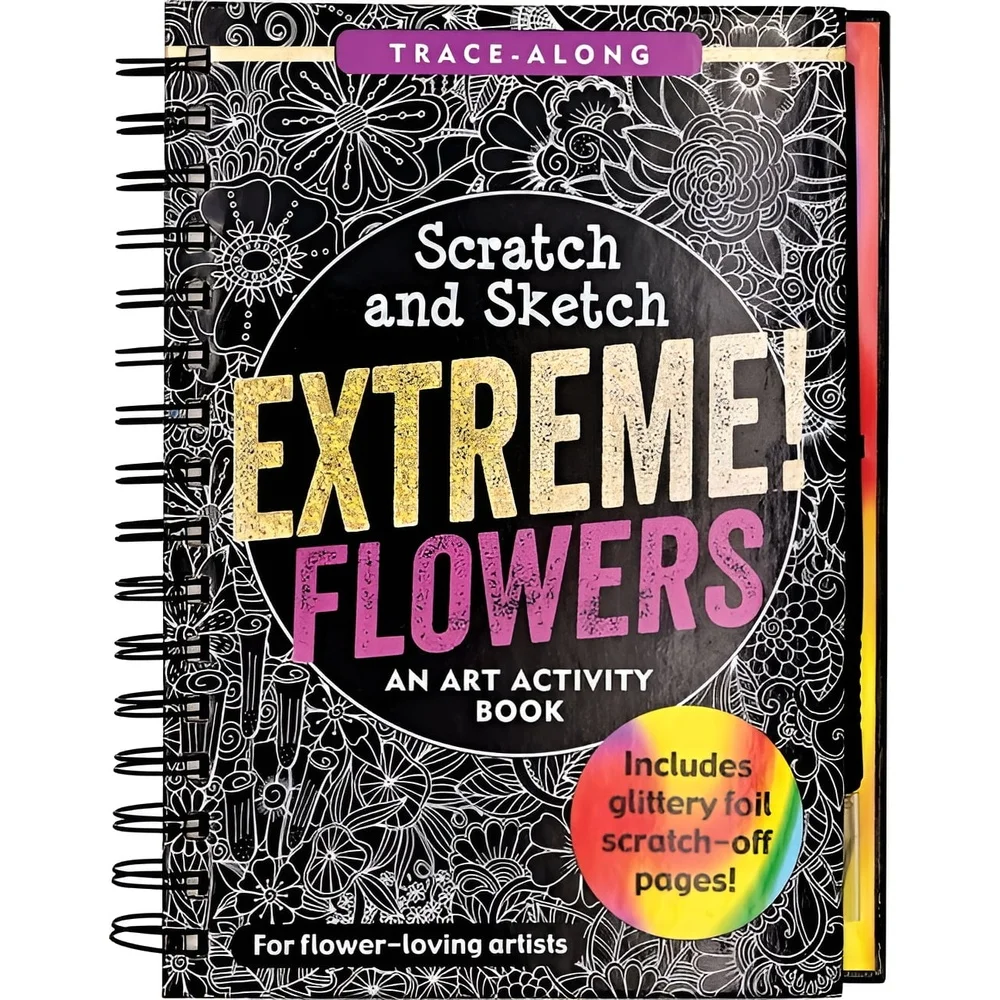 كتاب أنشطة للخدش والرسم على شكل زهور متطرفة، توضيحات زهرية لامعة تتبع 20 صفحة، تلوين إضافي، نقطة دقيقة