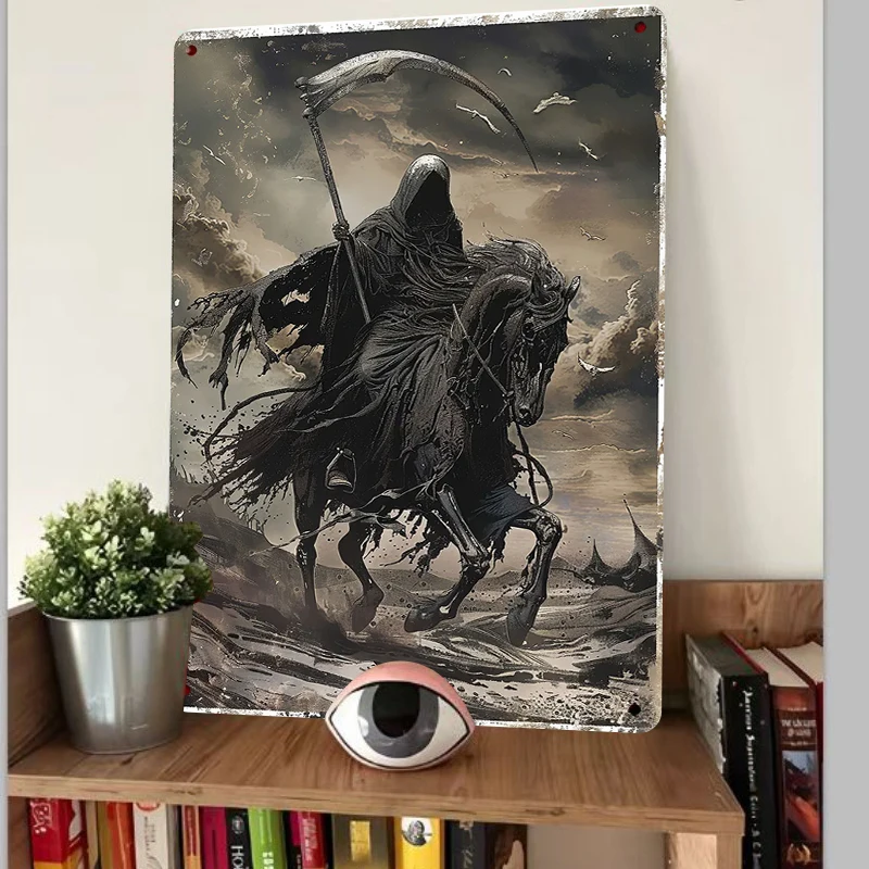 Dark Style Grim Reaper on Horse Metal Tin Sign Home Wall Decor Hanging Art Mural