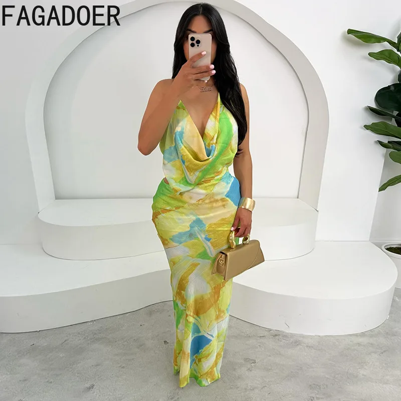 FAGADOER Y2K Sexy multicolore impression robe moulante femmes Spaghetti sangle sans manches dos nu robes femme discothèque robes