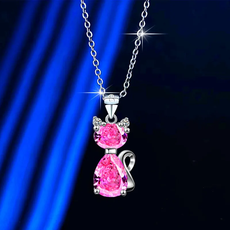 Cute Crystal Pink Cat Zircon Stone Pendant Necklace Vintage Wedding Jewelry For Women