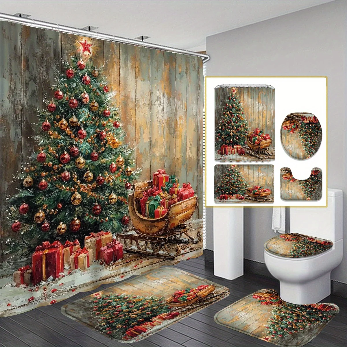 4Pcs Xmas Winter Bath Set, Tree Sled Gift Box Design, Non-Slip Bath Mat, U-Shaped Toilet Cover, Waterproof Curtain with 12 Hooks