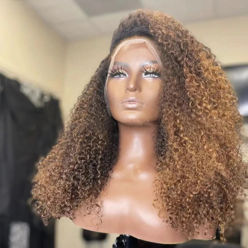 

Soft Preplucked 26 inch Long 180Density Ombre Brown Kinky Curly Lace Front Wig For Women BabyHair Daily Cosplay Natural Glueless