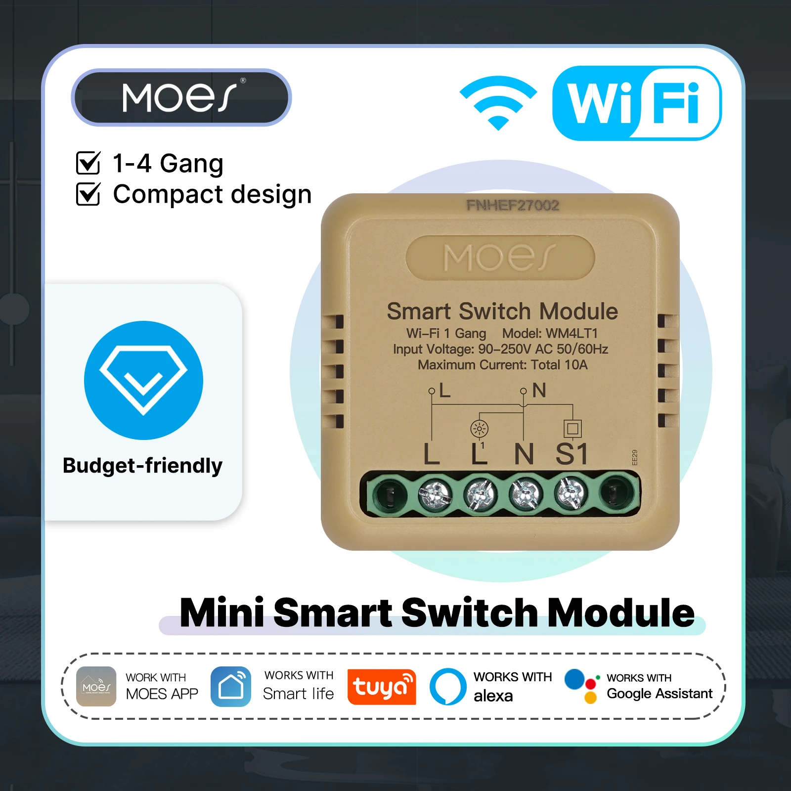 MOES WiFi Mini Smart Switch Module 1‑4 Gang Hidden Relay Timer APP Voice Control Works with Alexa Google Home Tuya Smart Life