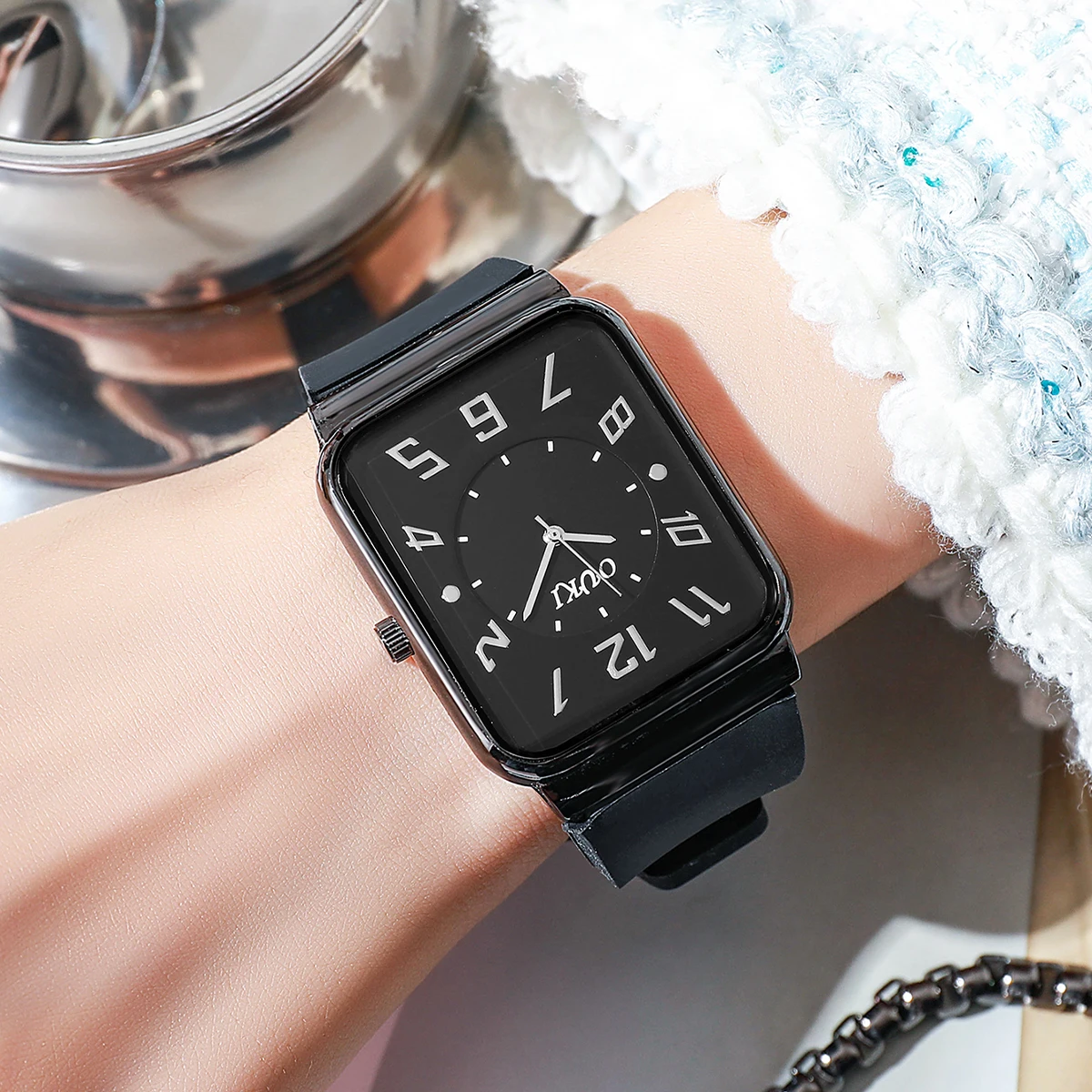 ساعات نسائية مستطيلة الشكل بمينا عربي كاجوال بحزام سيليكون كوارتز ساعة يد Reloj Mujer (بدون صندوق)