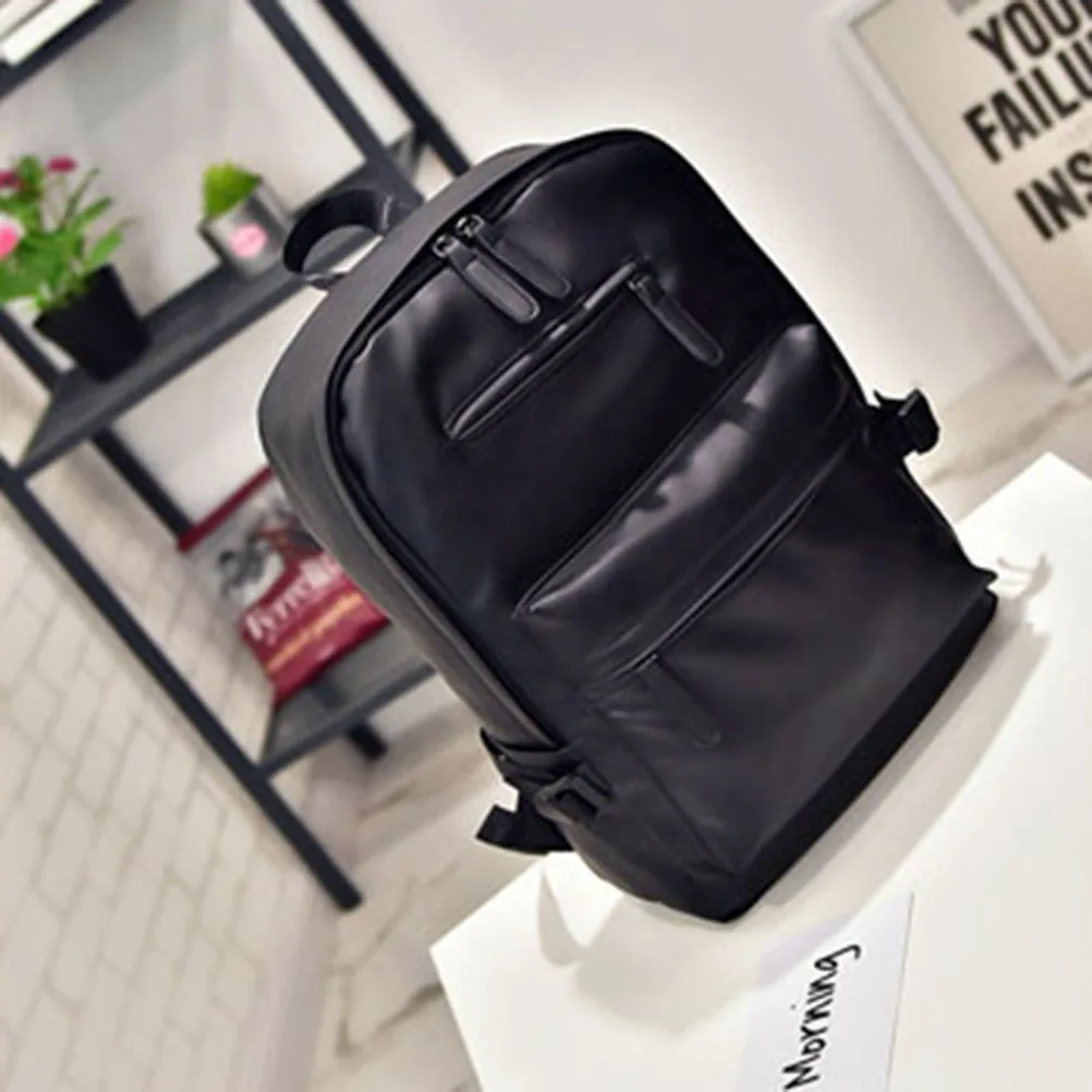 

Premium Black PU Large Capacity Backpack Vintage Style College School Travel Business Bag Multifunctional Bookbag