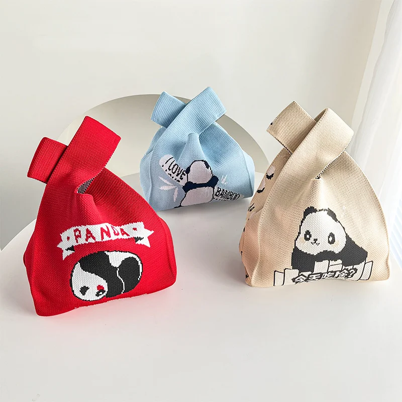 Retro Knitting Bag Women Panda Style Wrist Bag Student Reusable Tote Bags