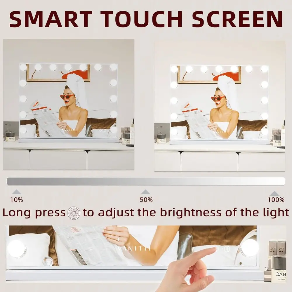 مرآة هوليوود المضيئة مع شحن USB، 3 أوضاع إضاءة ومكبر صوت للمكياج في غرفة النوم أو غرفة الملابس