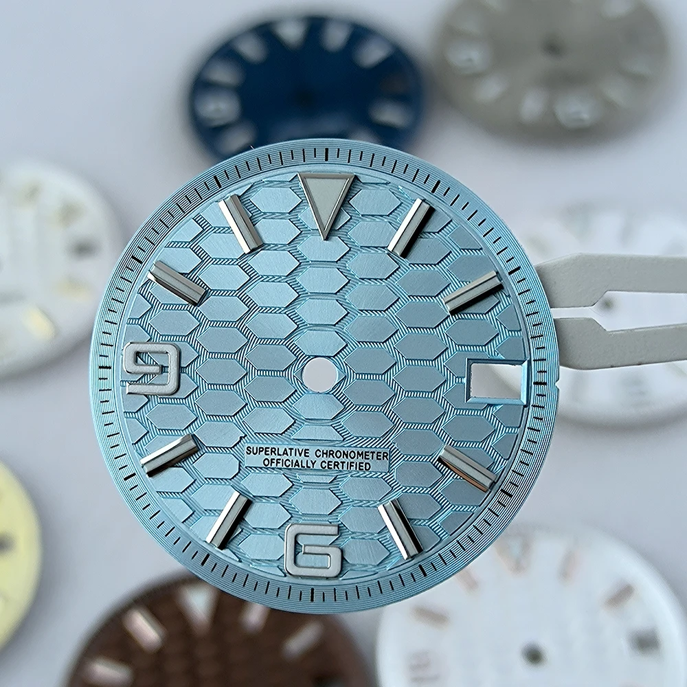 NH35 الطلب 28.5 مللي متر لاند إنفوي العسل نمط الطلب الأزرق مضيئة شعار مخصص ساعة رجالي تعديل NH35 Movt ساعة اكسسوارات