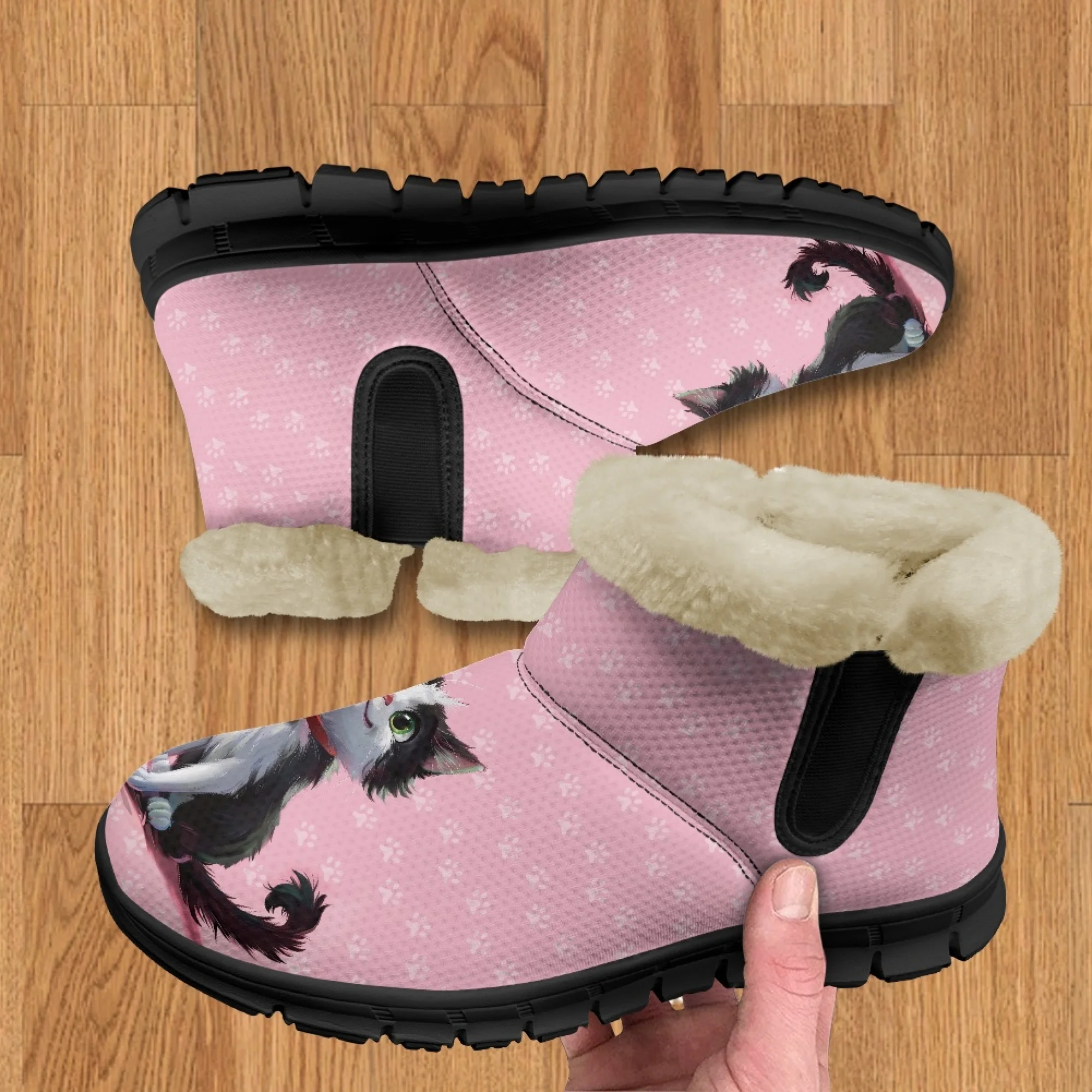 INSTANTARTS Niedliche Cartoon-Katze-Damen-Schneestiefel, Stiefeletten, weiche Dame, kurze Plüsch-Komfort, Winter, warme rosa Schuhe, Geschenk für Mädchen