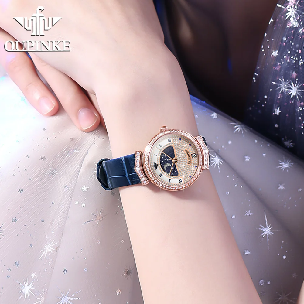 OUPINKE 3216 Women Watch Luxury Elegant Leather Strap Quartz Wristwatch Waterproof Diamond Dial Date Watch Moon Phase Reloj