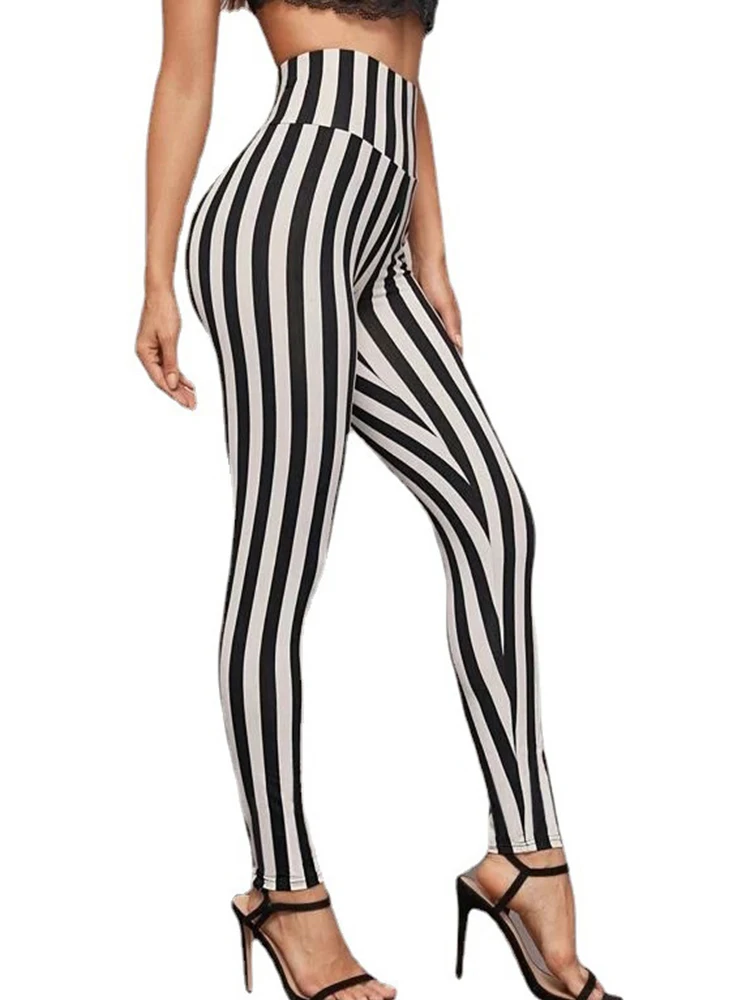 

Black White Striped Printed Sexy High Waist Elastic Gym Leggings Women Fashion Workout Pencil Pants Fitness Jeggings