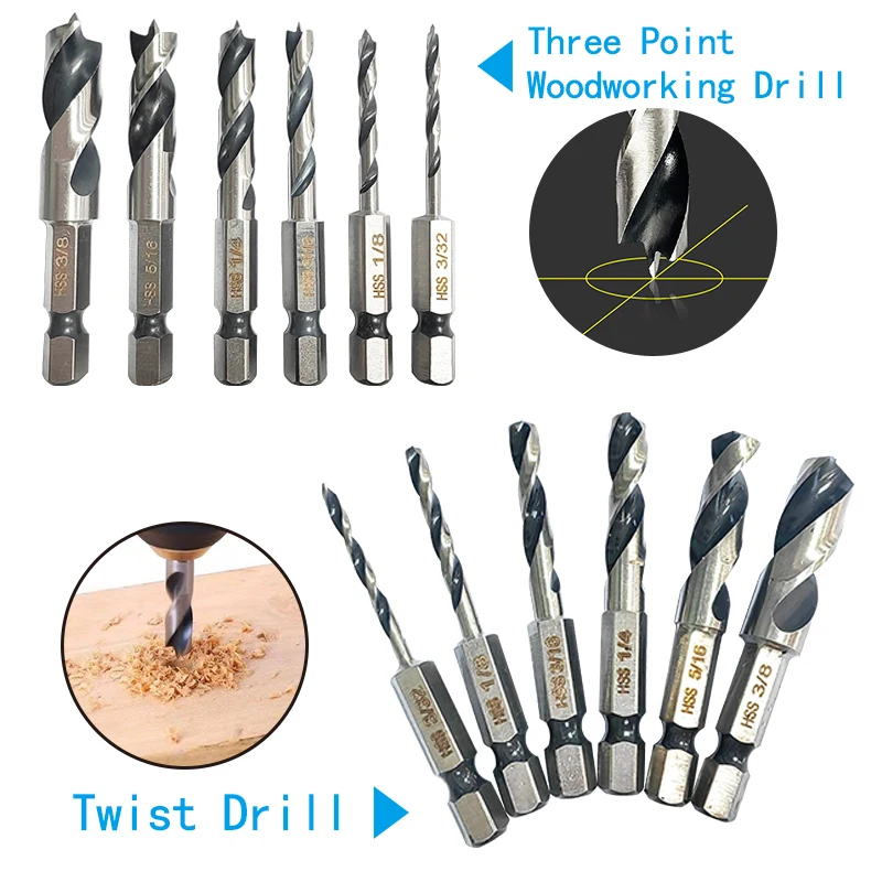 6Pcs Drill Bit Set HSS Stubby Drill Bits For Wood With 1/4-Inch Quick Change Hex Shank 3/32 1/8 3/16 1/4 5/16 3/8