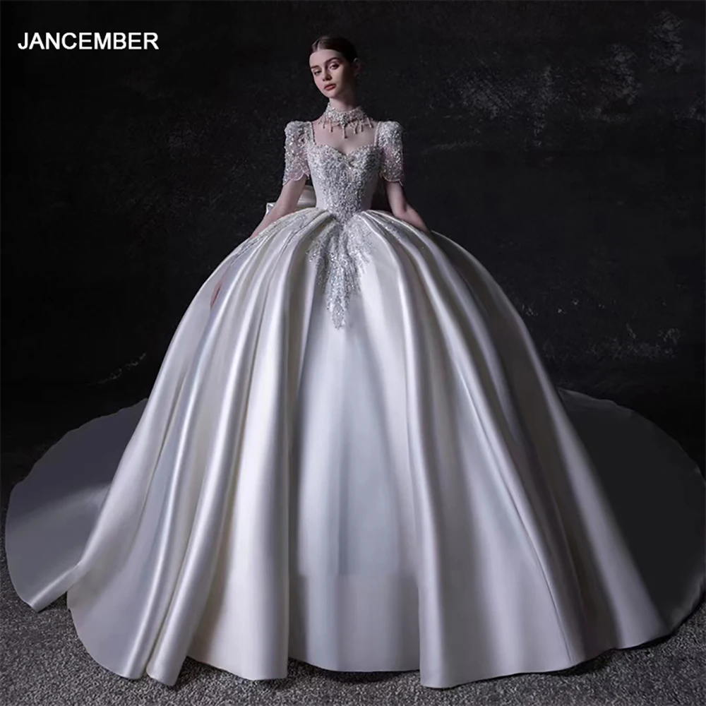 Customized Ball Gown Wedding Dresses Satin Applique Vestido Casamento Square Collar Backless Robe Mariage Shiny Bride Gowns