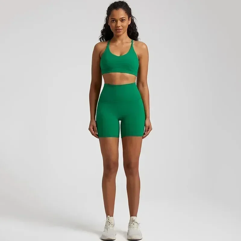 Lemon Soft High Waist Shorts Cross Fitness Bra 2pc Short Legging Yoga Set Women Sport Suit  Gym Workout Training Hollow Out