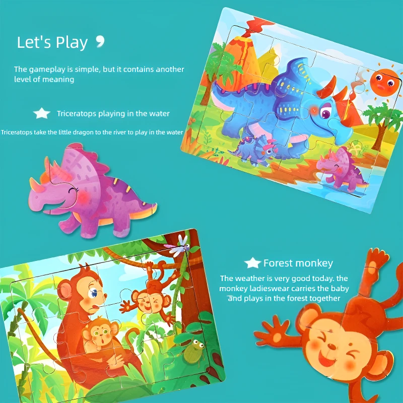 15*11cm 몬테소리 나무 3D 퍼즐 만화 동물 지능 퍼즐 게임 어린이를위한 조기 학습 교육 장난감