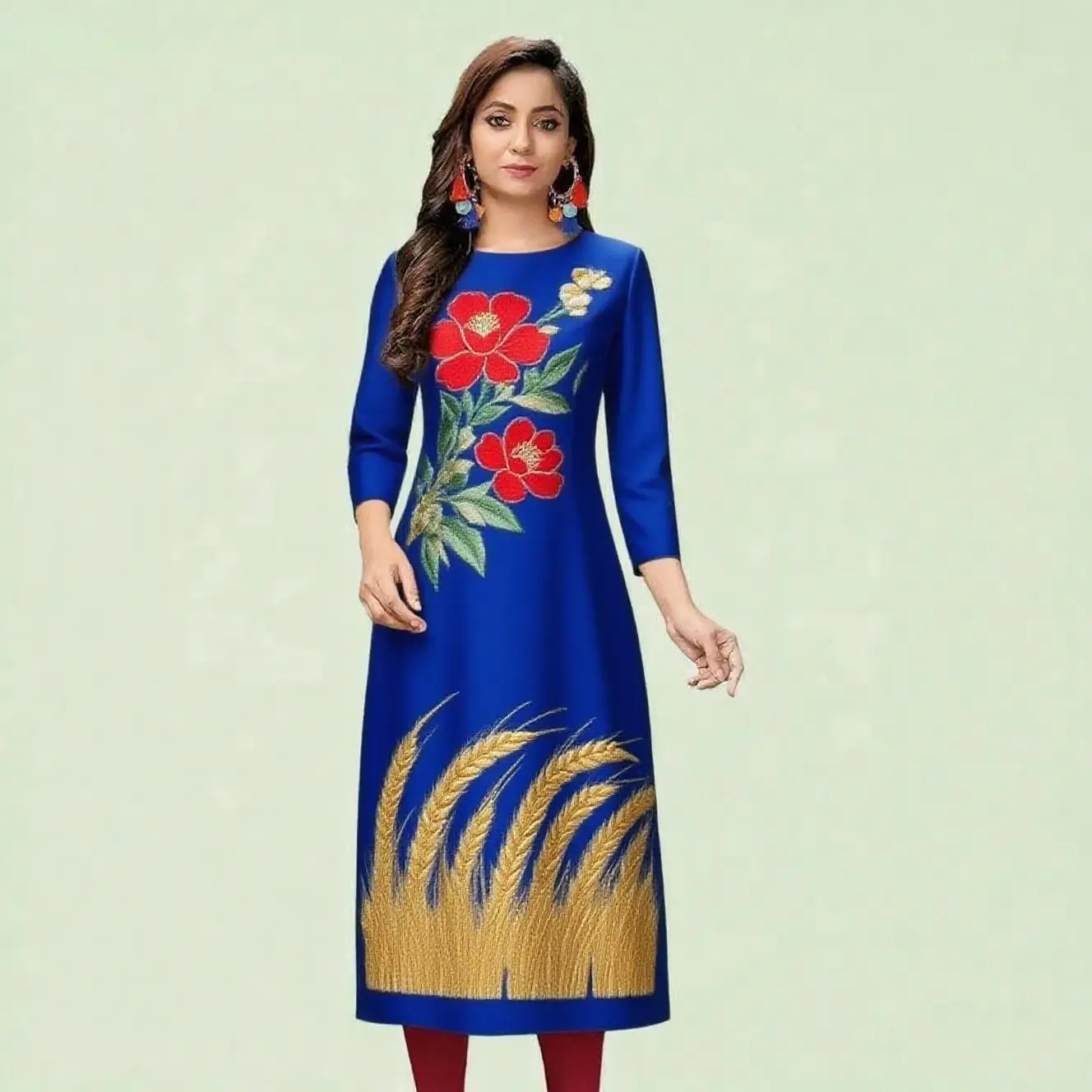 Kurt women's casual fashion dress long sleeved straight tube casual ethnic red flower round neck regular size design sense