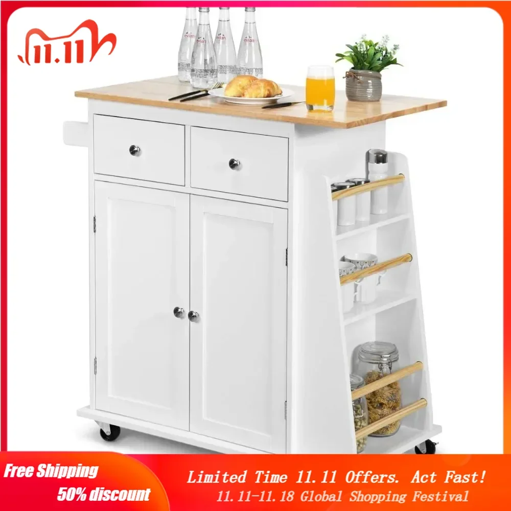 

Kitchen Island Cart, Rolling Wood Trolley with Storage Cabinet, Towel Handle, 2 Drawers, Side Spice Rack and Wine Bottle Rack