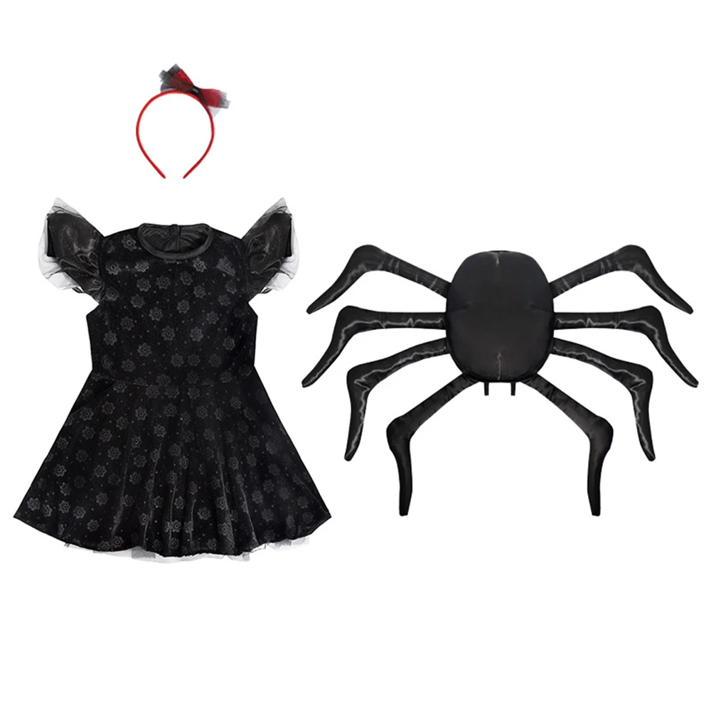 Kids Cute Black Spider Cosplay Girls Costume Skirts Headgear Outfits Children Dance Performance Dress Halloween Carnival Suits