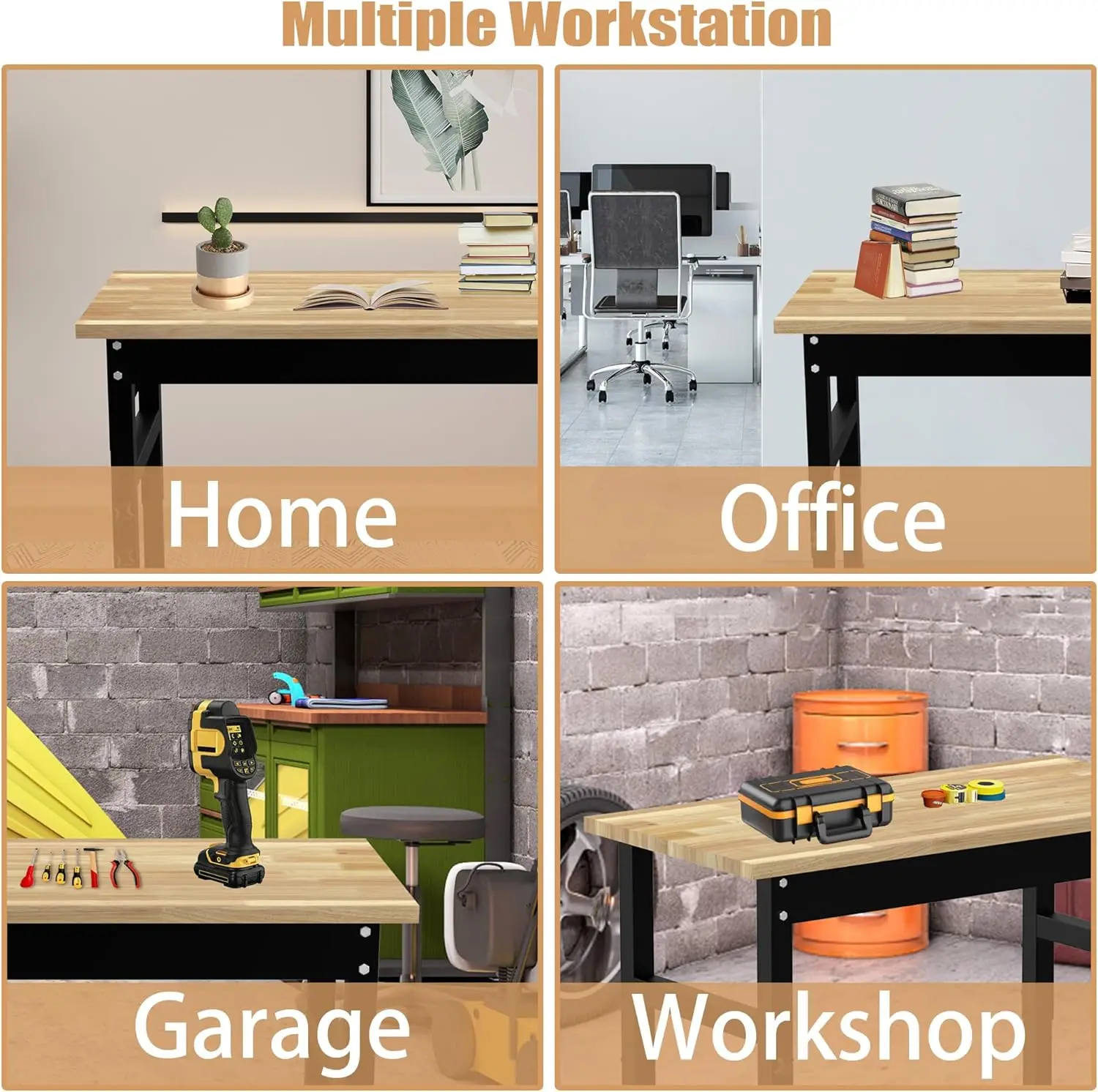 48" Adjustable Workbench, 2000LBS Rubber Wood Top Heavy-Duty Workstation, Suitable for Large Capacity Rubberwood Countertop Work