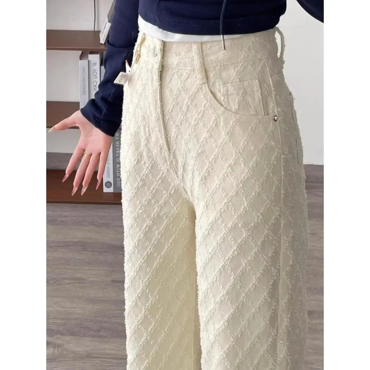 Jacquard Loose Wide-leg Pants New Style Straight-leg High-waist Design Slimming Apricot Denim Pants Floor-length Casual Hiding F