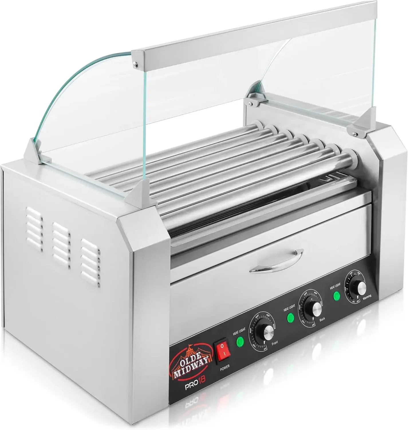 Electric 18 Hot Dog 7 Roller Grill Cooker Machine with Bun Warming Drawer and Cover - Commercial Grade, Stainless Steel