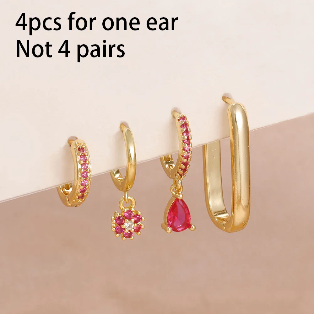 4PCS New Stainless Steel Zircon Huggie Dangle Earrings Set For Woman 14K Gold Plated Round Water Drop Hypoallergenic Jewelry