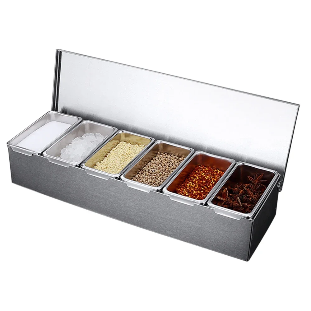 6 صواني مقصورة من الفولاذ المقاوم للصدأ محطة توب قابلة للفصل مكونات بيتزا بلاستيكية موزع بهار قابل لإعادة الاستخدام للمنزل