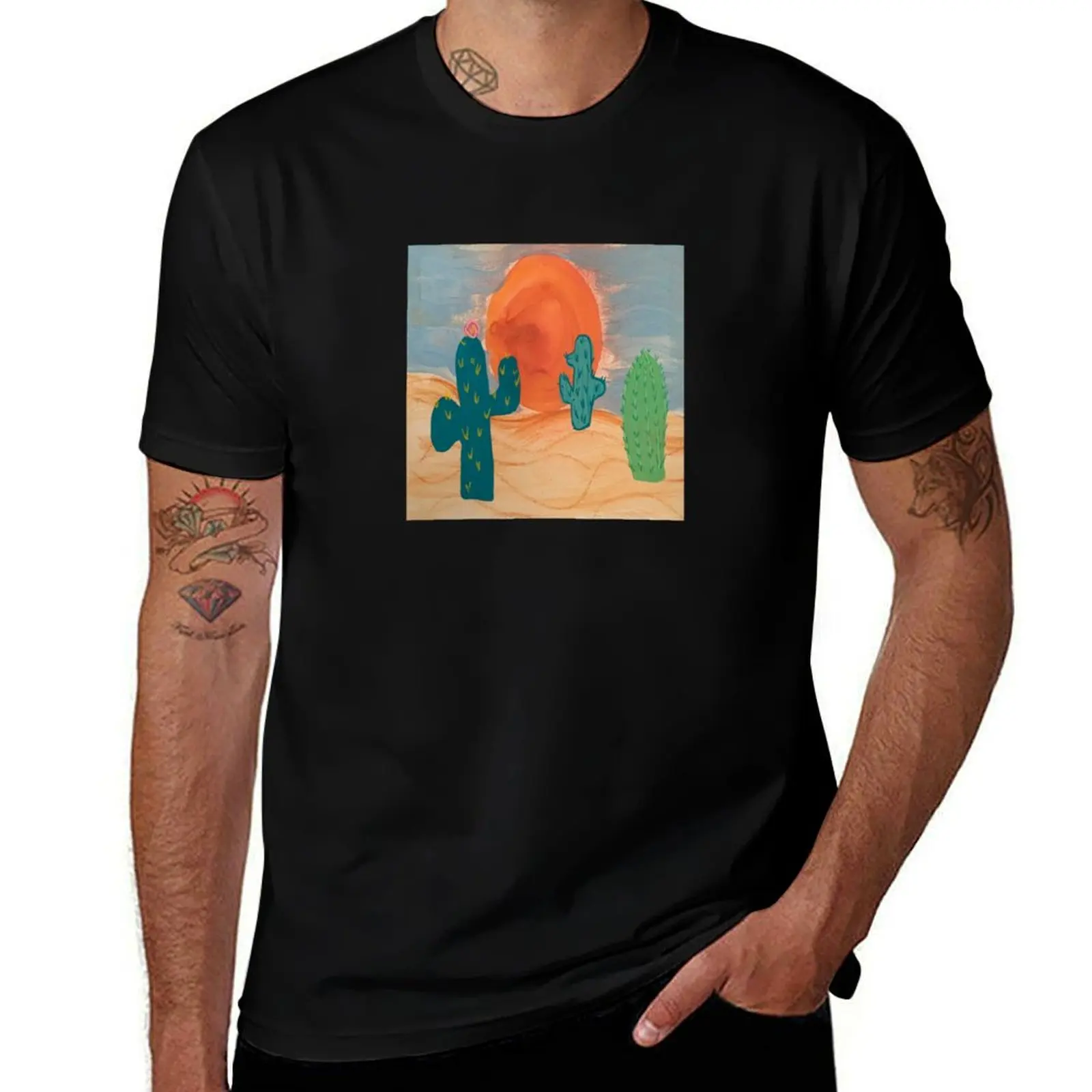 

Sunset Cactus painting T-Shirt basketball graphic tees kawaii clothes Aesthetic clothing mens workout shirts