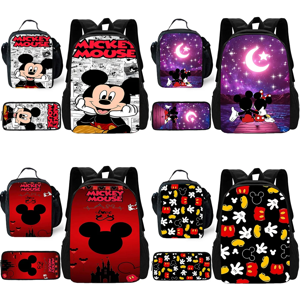 3 pcs set Disneys Cute Mickey Minnie Child School Backpack with Lunch Bags ,Pencil Bags ,School Bags for Boys Girls Best Gift