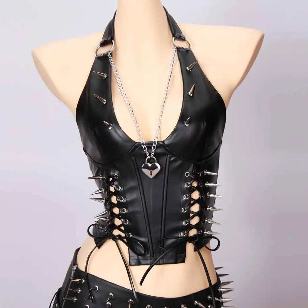 Goth Tops Vkei Spiked Grunge Y2K T-shirt Festival Emo Clothing Punk Rock Clothes Gothic Tank 80s Harajuku Rave PU leather Black