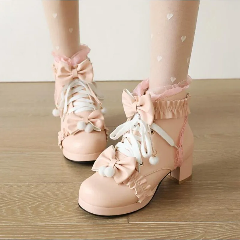 Size 28-43 Girls Boots Women Ankle Boots Lolita High Heel Lace Up Boots Sweet Bow Princess Cosplay Wedding Party Shoes