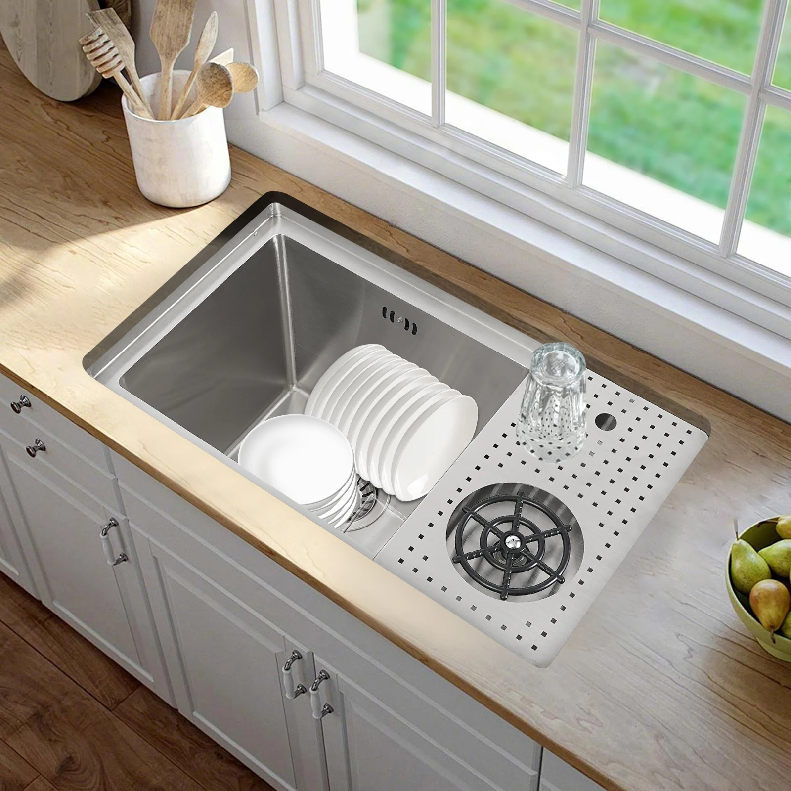 

Kitchen sinks-304 Stainless Steel Sink: Durable, Modern Design with Spacious Sink, Drainer, Chopping Board, and Cup Washer