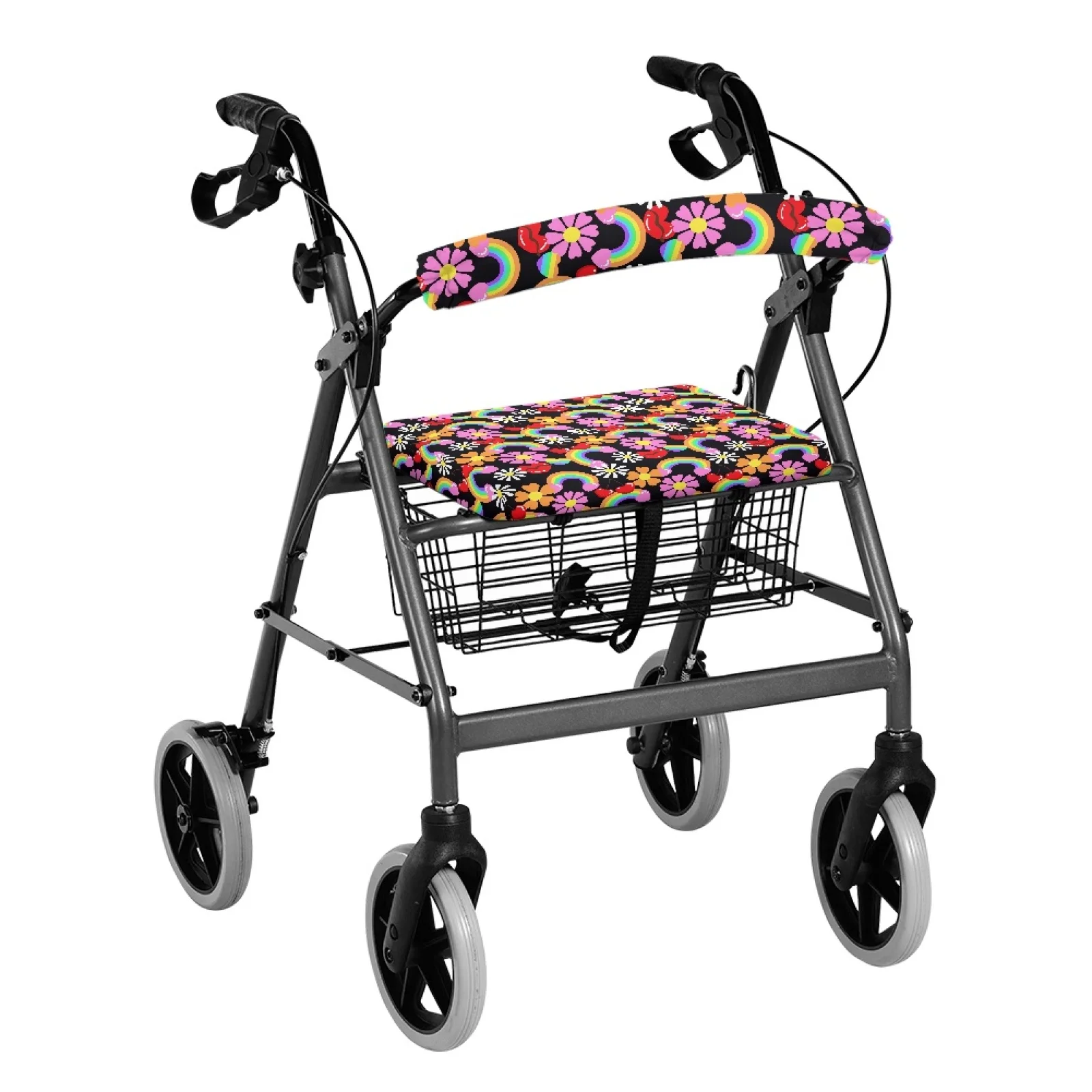 Coloranimal Rainbow Flower Heart Set of 2 Rollator Seat Back Rest Covers Polyester Fabric Seat & Back Covers for Women